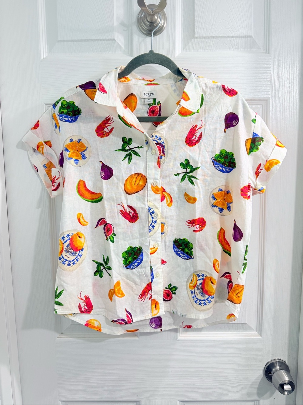 NWT J. Crew White Button-Down Shirt Fruit & Veggie Print